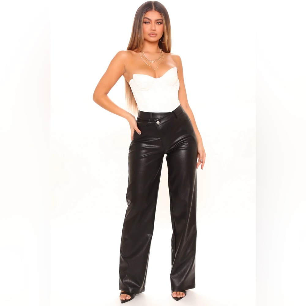 BLACK LEATHER WIDE LEG PANTS